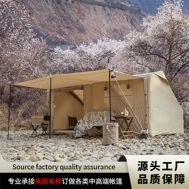 户外露营棉布帐篷一室一厅速开充气C帐篷2-4人加厚屋形营地帐篷
