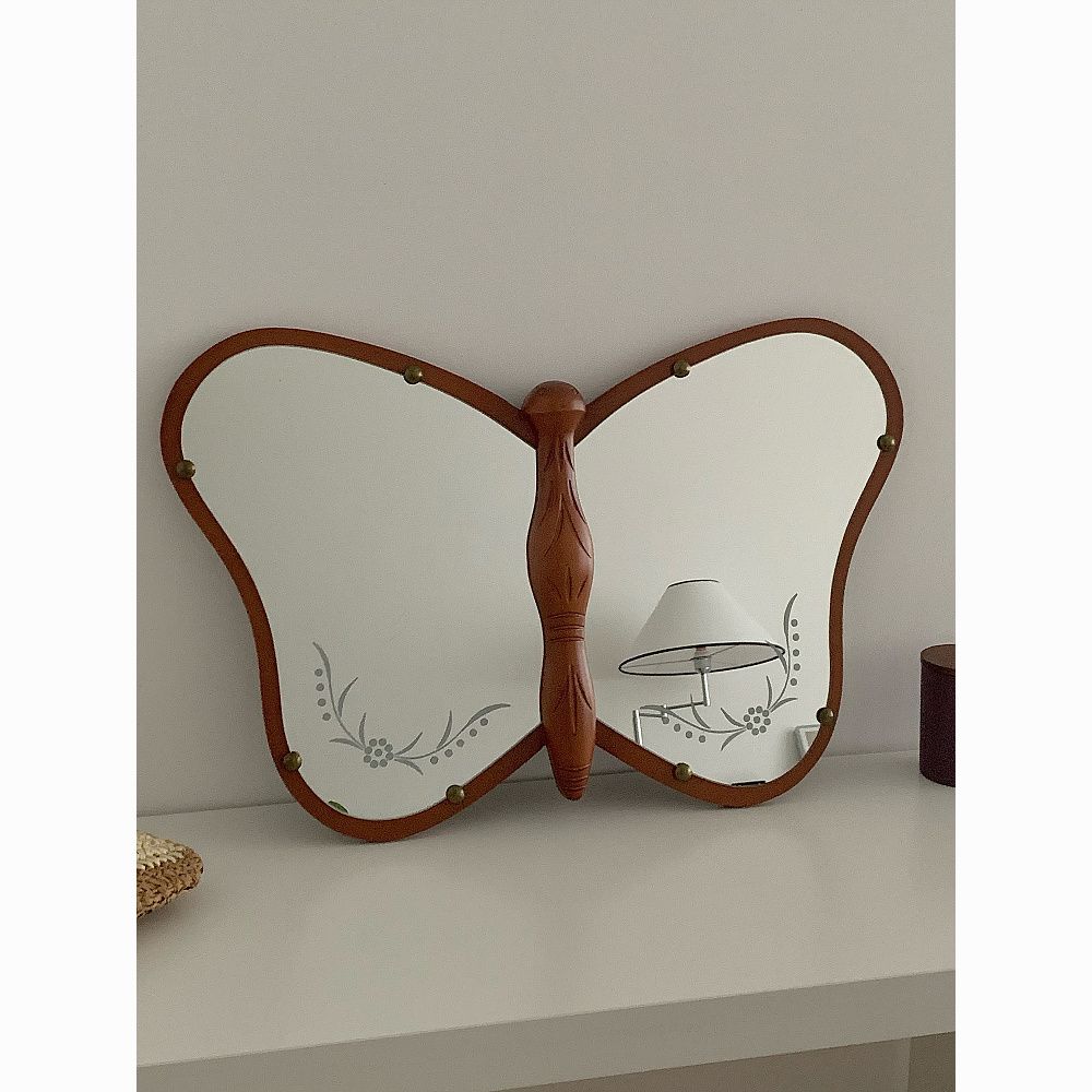 中古蝴蝶镜子化妆镜实木镜法式复古梳妆镜设计师款半身镜玄关镜【