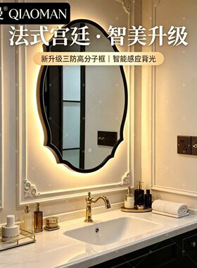 法式复古简约椭圆形黑色金色中古风浴室镜子壁挂镜装饰实木智能镜