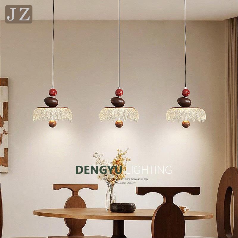 法式中古风水滴餐厅吊灯三头长盘吧台复古2025新款胡桃木色吊线灯