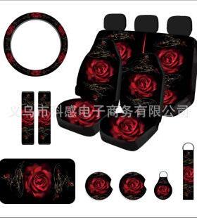亚马逊红色玫瑰花组合15件套印花汽车座椅套方向盘套扶手垫护肩套