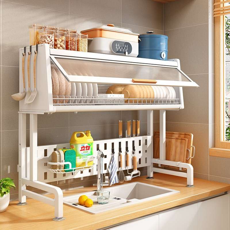 ε带门水槽置物架厨房台面可伸缩碗盘储物柜水槽边晾碗碟沥水收