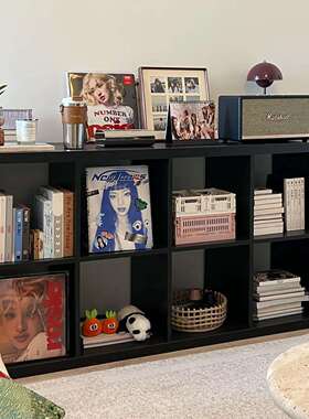 黑色书柜落地置物架客厅储物柜子家用收纳柜组合格子柜中古风书架