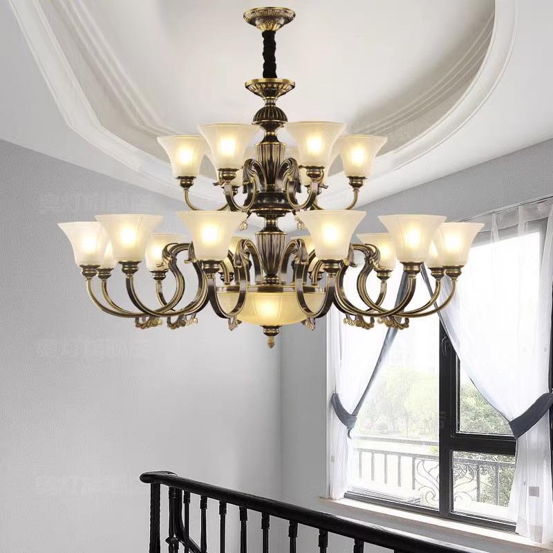 现代别墅大吊灯黑金色客厅饭厅大气酒店大堂双层全铜灯具