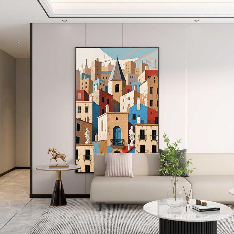 现代抽象毕加索通话小镇客厅装饰画北欧艺术客厅挂画建筑卧室油画