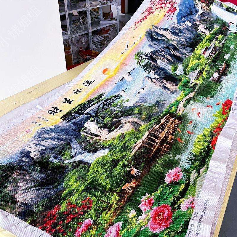 流水生财十字绣成品不带框纯手工出售已绣好的2025新款客厅山水画