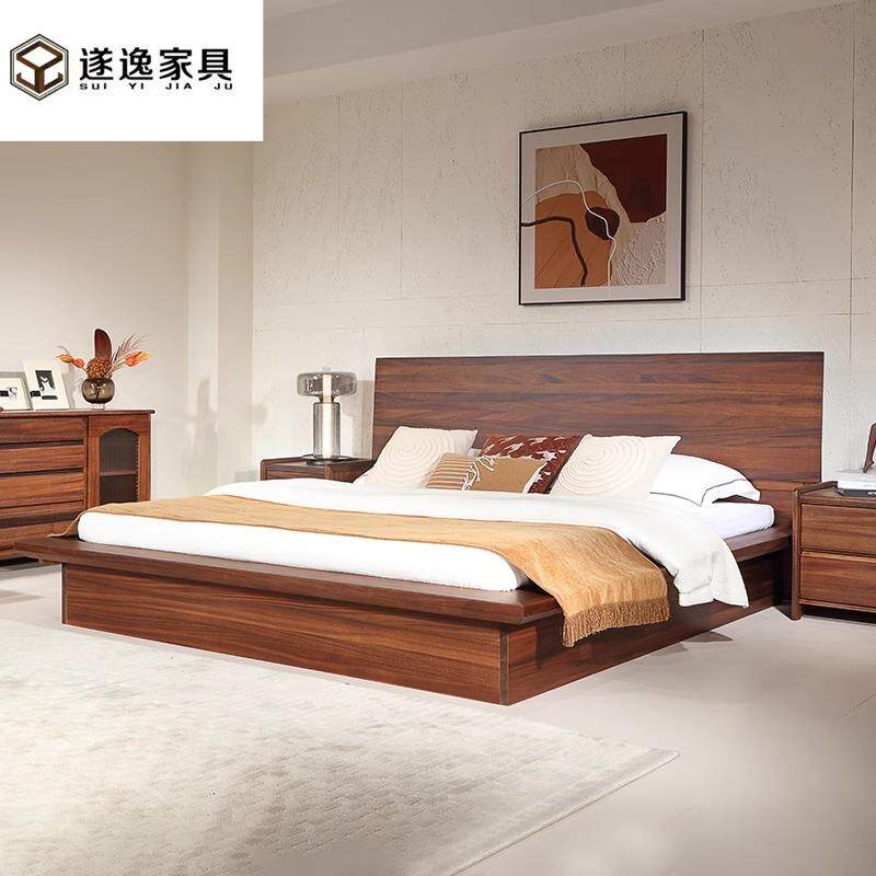 黑胡桃木实木床1.8米现代简约双人床新中式高箱储物卧室家具婚床