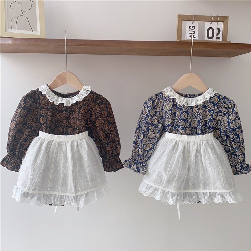 韩版童装2023春季新款婴儿花边领印花爬服围O裙宝宝碎花连衣裙春