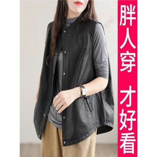 百搭女装 女200斤高档新款 时尚 坎肩宽松大码 皮衣马甲女秋装 无袖
