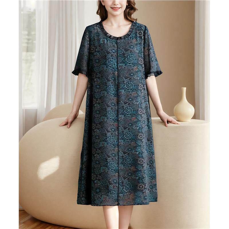 200斤高档大码女宽松遮肚连衣裙夏季新款妈妈气质印花短袖中长裙