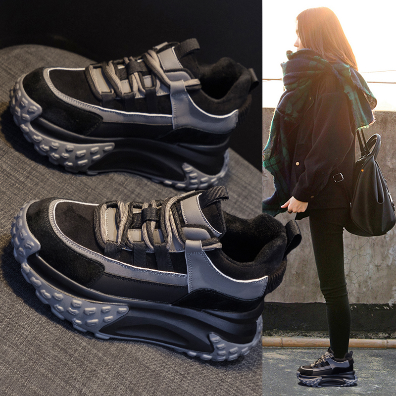 厚底松糕老爹鞋女2023新款秋冬季真皮加绒小个子增高休闲运动棉鞋