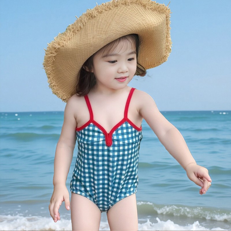 女童格子连体泳衣新款儿童韩版系带露肩设计宝宝温泉度假游泳衣