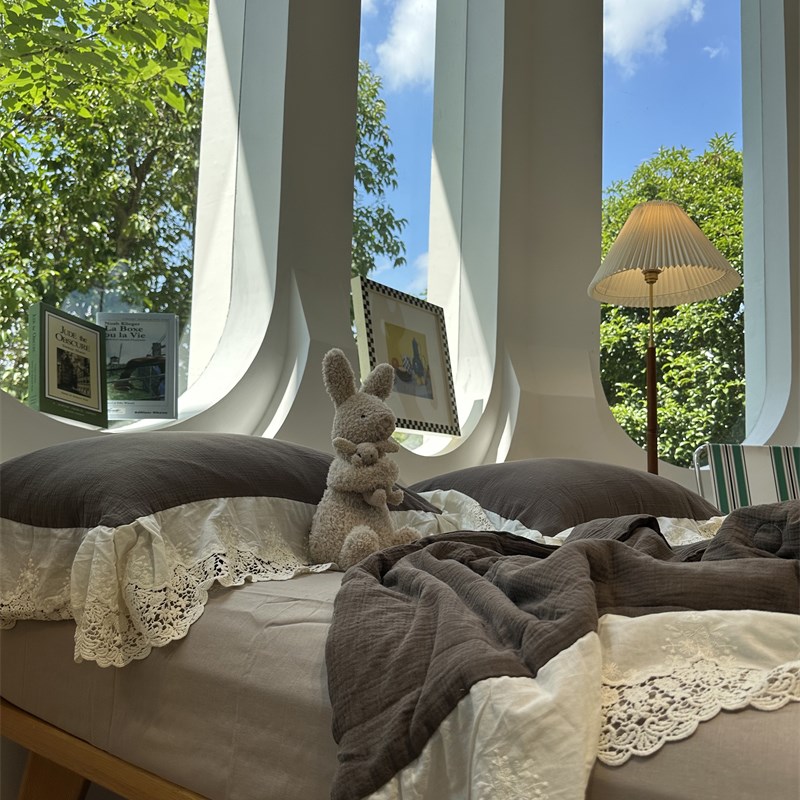 皱皱双层纱可可棕纯棉蕾丝花边夏凉被全棉四件套母婴级空调薄被子