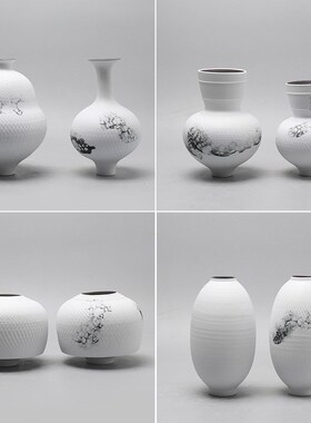 现代新中式创意陶瓷花瓶摆件水墨禅意茶室桌面插花花器工艺品摆设