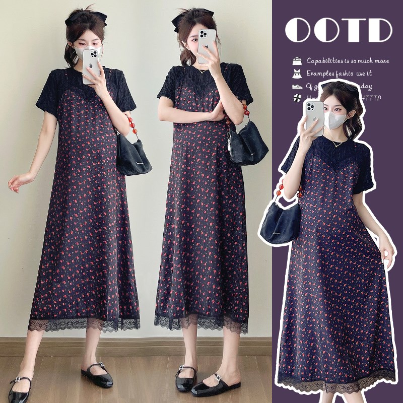 孕妇装夏装假两件短袖碎花连衣裙蕾丝花边怀孕裙子夏季雪纺孕妇裙