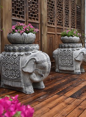 镇宅招财中式别墅庭院花园布置小院子摆件大象门墩抱鼓石门口石墩