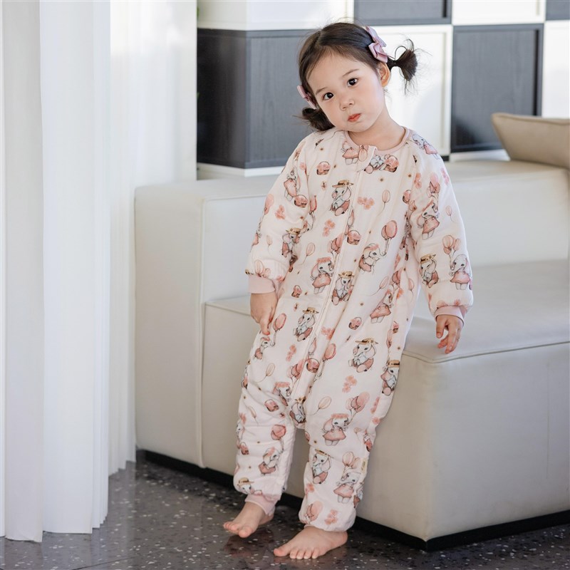 儿童睡袋秋冬款薄夹棉保暖A类分腿防踢被连体睡衣男女宝宝纱布