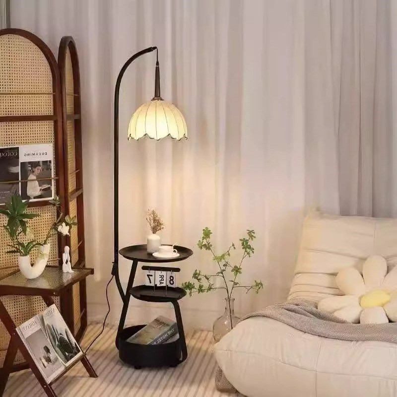 中古风落地灯客厅沙发旁茶几氛围灯具卧室床头柜置物一体立式台灯