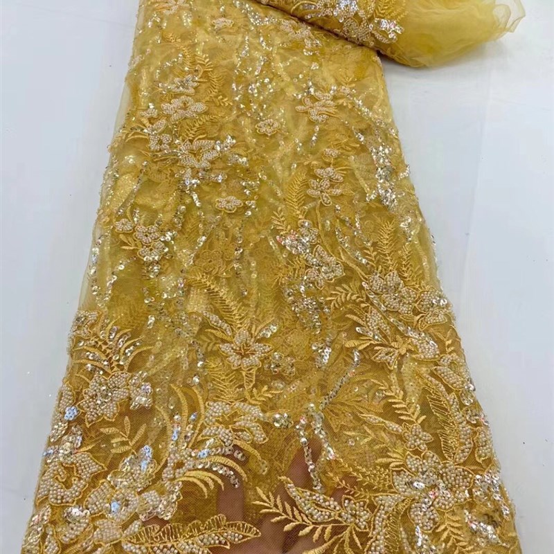 优雅亮片刺绣网低亮片珠子羽毛花朵黄色电脑绣面料连衣裙礼服布料