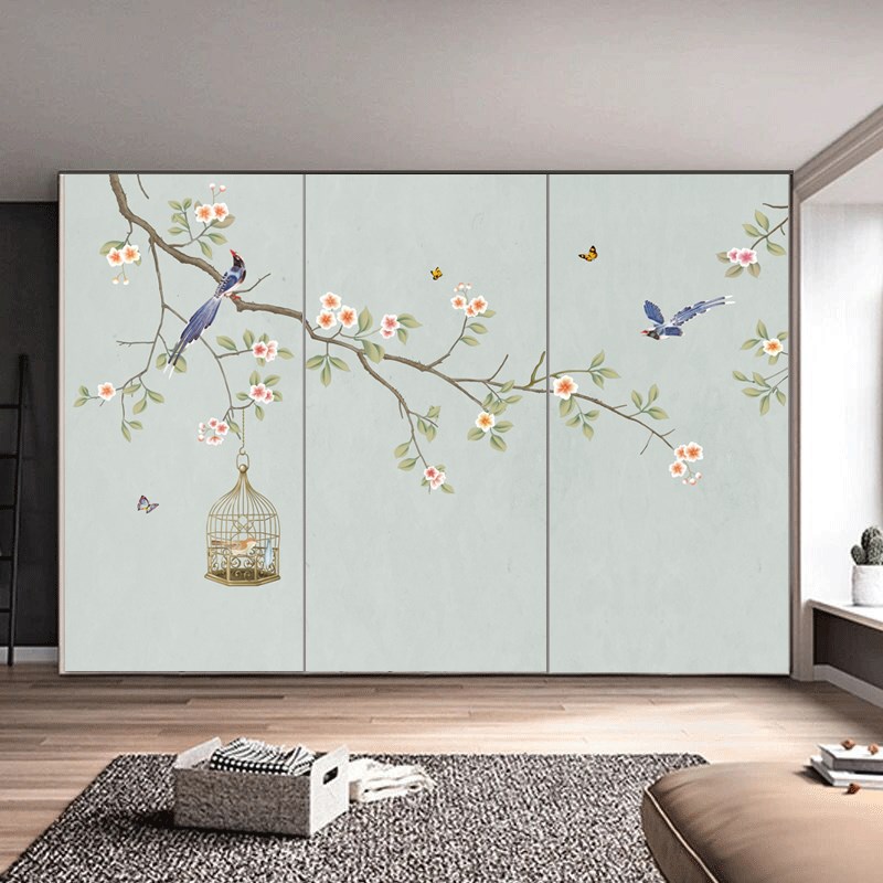 新中式手绘花鸟画卧室衣柜贴纸移门定做家具翻新装饰贴Z画自粘防