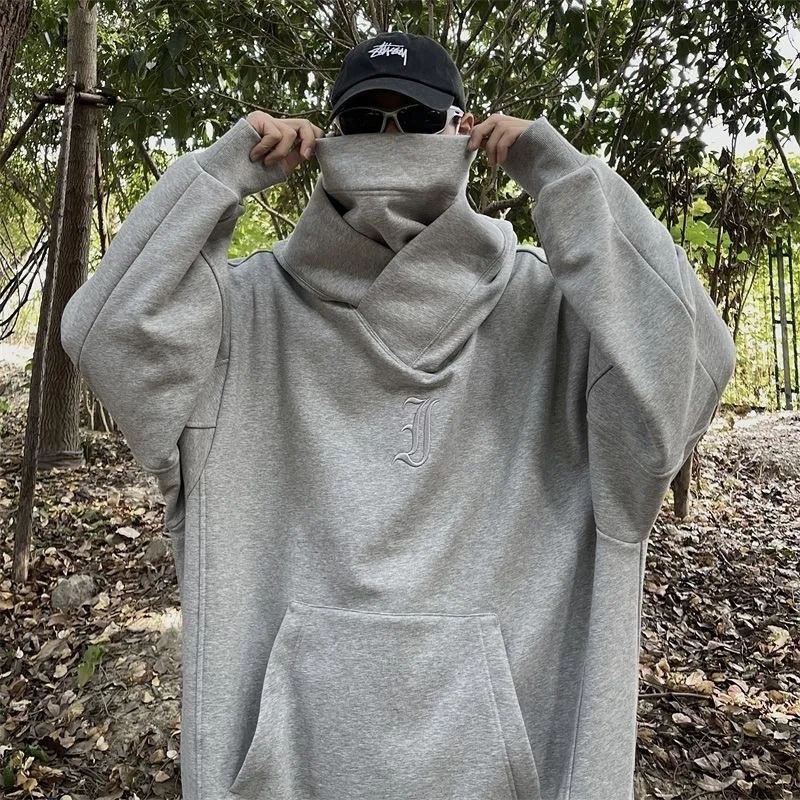 i人社恐男秋冬季美式机能风重磅连帽外套加绒加厚宽松高领卫衣G-2