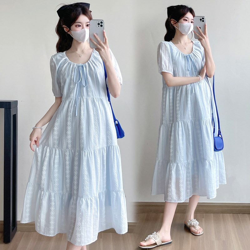 孕妇装夏天裙子中长款甜美韩版时尚宽松遮肚显瘦V领怀孕期连衣裙