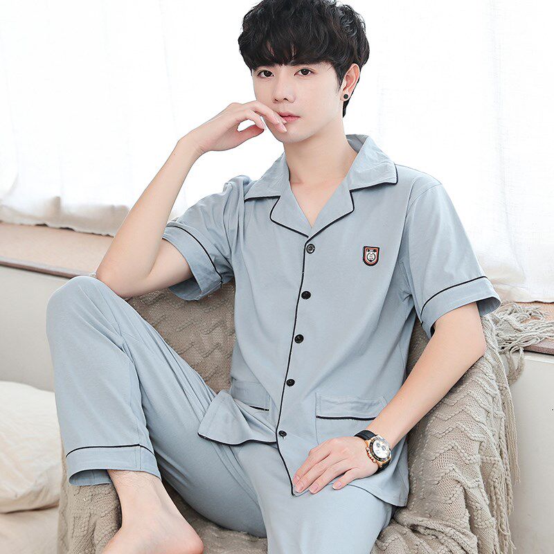 100%纯棉男士睡衣夏季短袖长裤薄款全棉青中年春秋款休闲家居套装