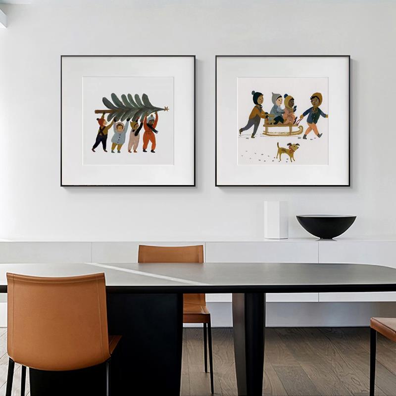 小众治愈系餐厅装饰画正方形儿童房卧室床头复古卡通挂画中古风画图片