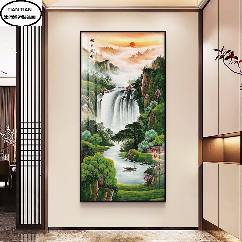 国画旭日东升山水画中式迎客松挂画玄关过道壁画客厅装饰画流水画