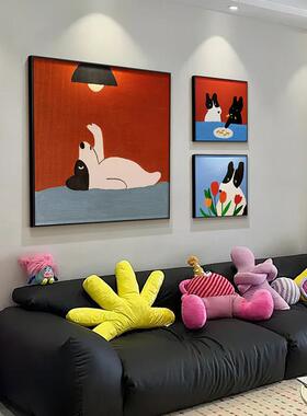 多巴胺客厅装饰画卡通小狗红色正方形餐厅壁画儿童房卧室床头挂画