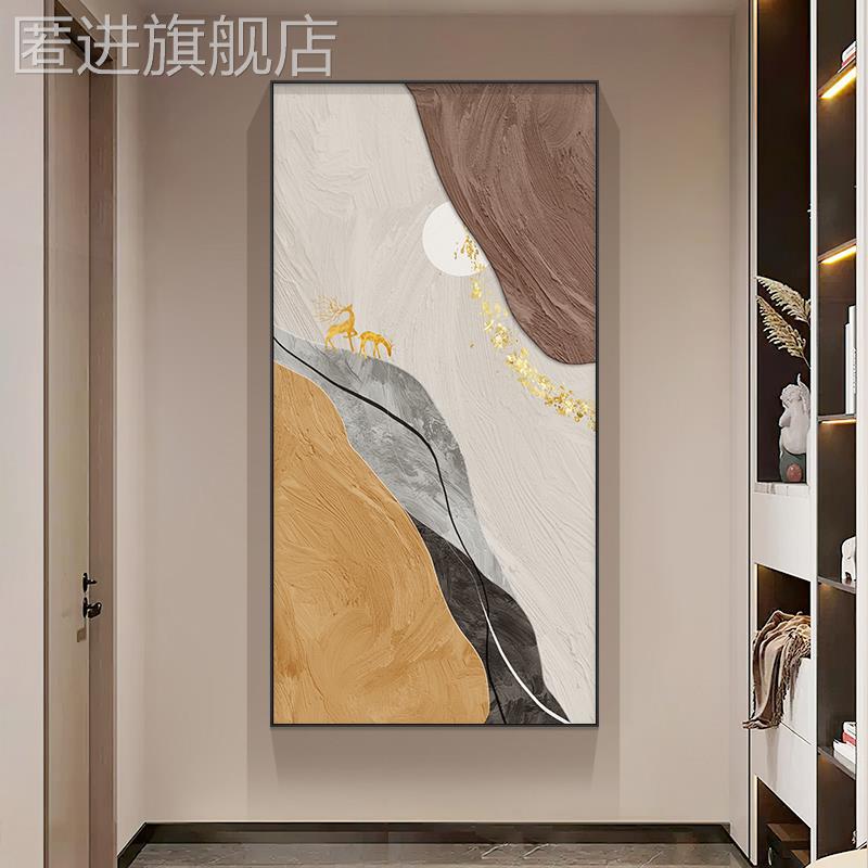 现代轻奢玄关装饰画高级感走廊尽头挂画入户进门楼梯高级感油画鹿图片