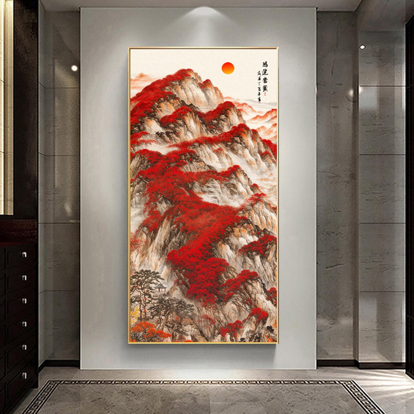 有山无水靠山图开门正对墙装饰画竖旭日东升鸿运当头日出东方挂画