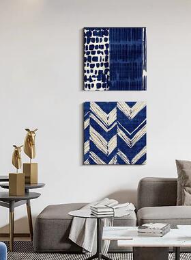 蓝色系抽象艺术客厅挂画餐厅大白墙面装饰画高级感正方形简约壁画