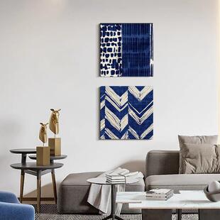 蓝色系抽象艺术客厅挂画餐厅大白墙面装饰画高级感正方形简约壁画