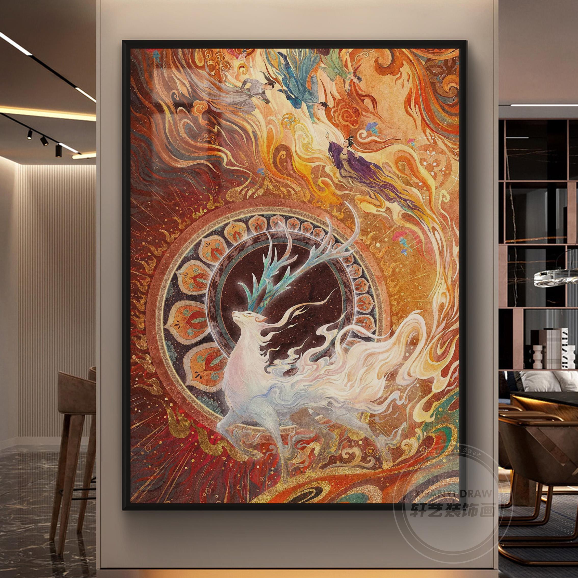 九色鹿装饰画敦煌飞天玄关福鹿国风挂画客厅餐厅中式油画古风壁画图片