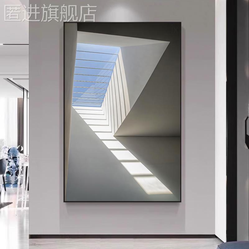 黑白灰建筑工业风客厅装饰画意式抽象空间感别墅楼梯玄关落地挂画图片