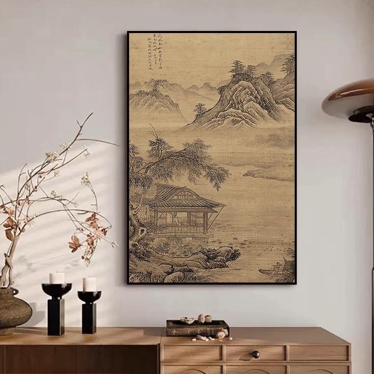 宋代美学新中式玄关装饰画酒店客厅高级感山水风景国画挂画定制