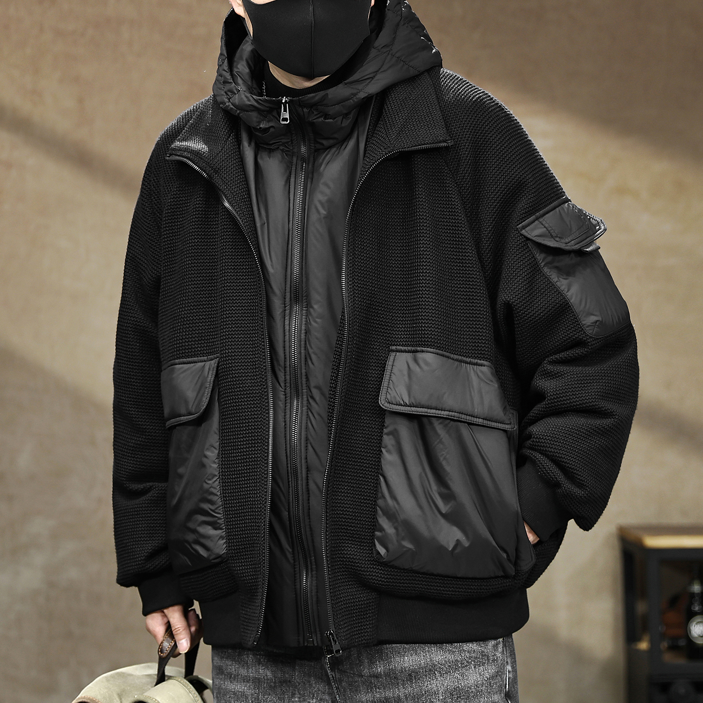 【90白鸭绒连帽假两件羽绒服男】