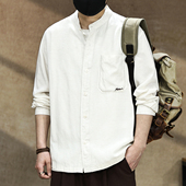 潮牌宽松薄款 新中式 衬衣休闲外套 男士 春季 轻熟风亚麻立领长袖 衬衫