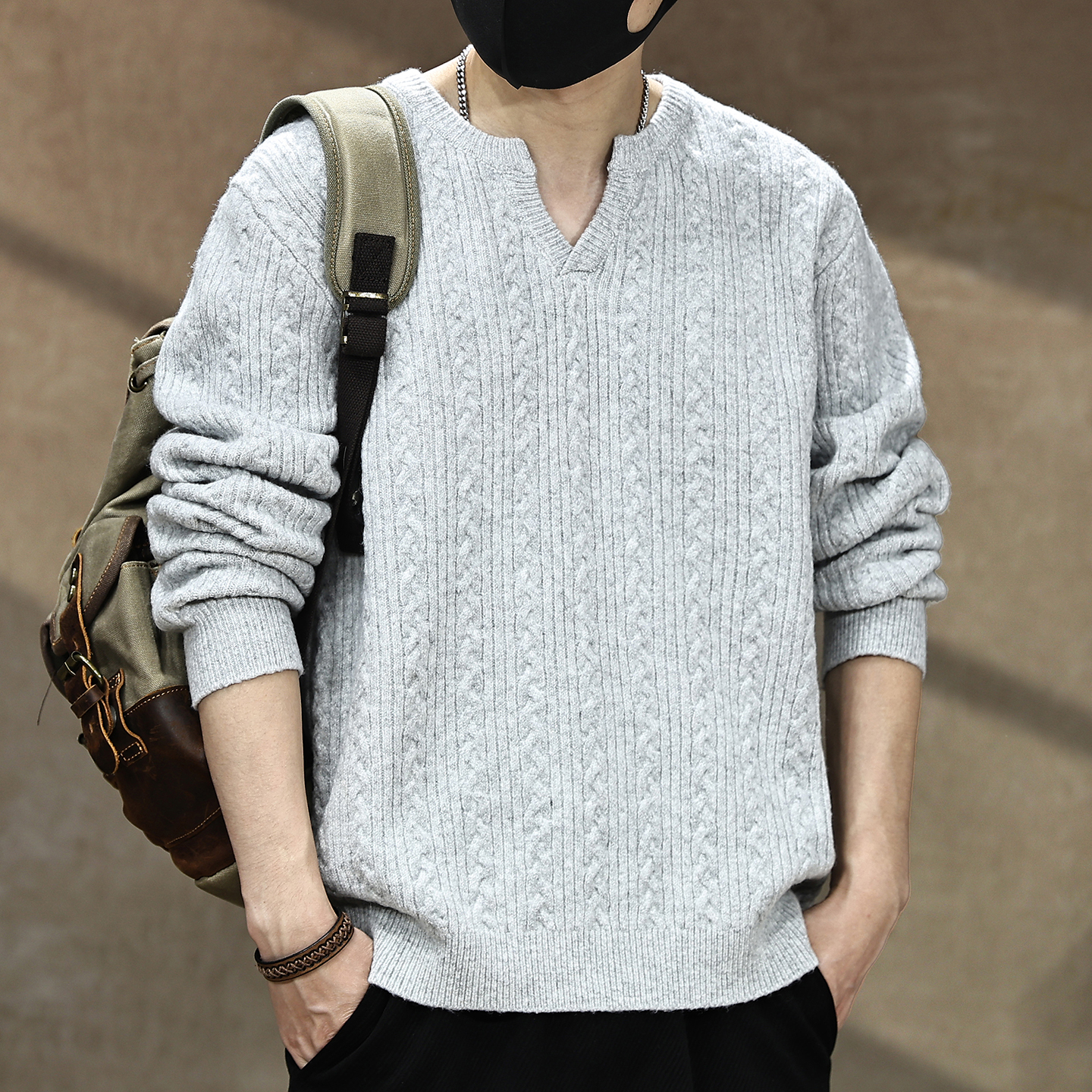 【美式V领慵懒风毛衣男秋冬季】
