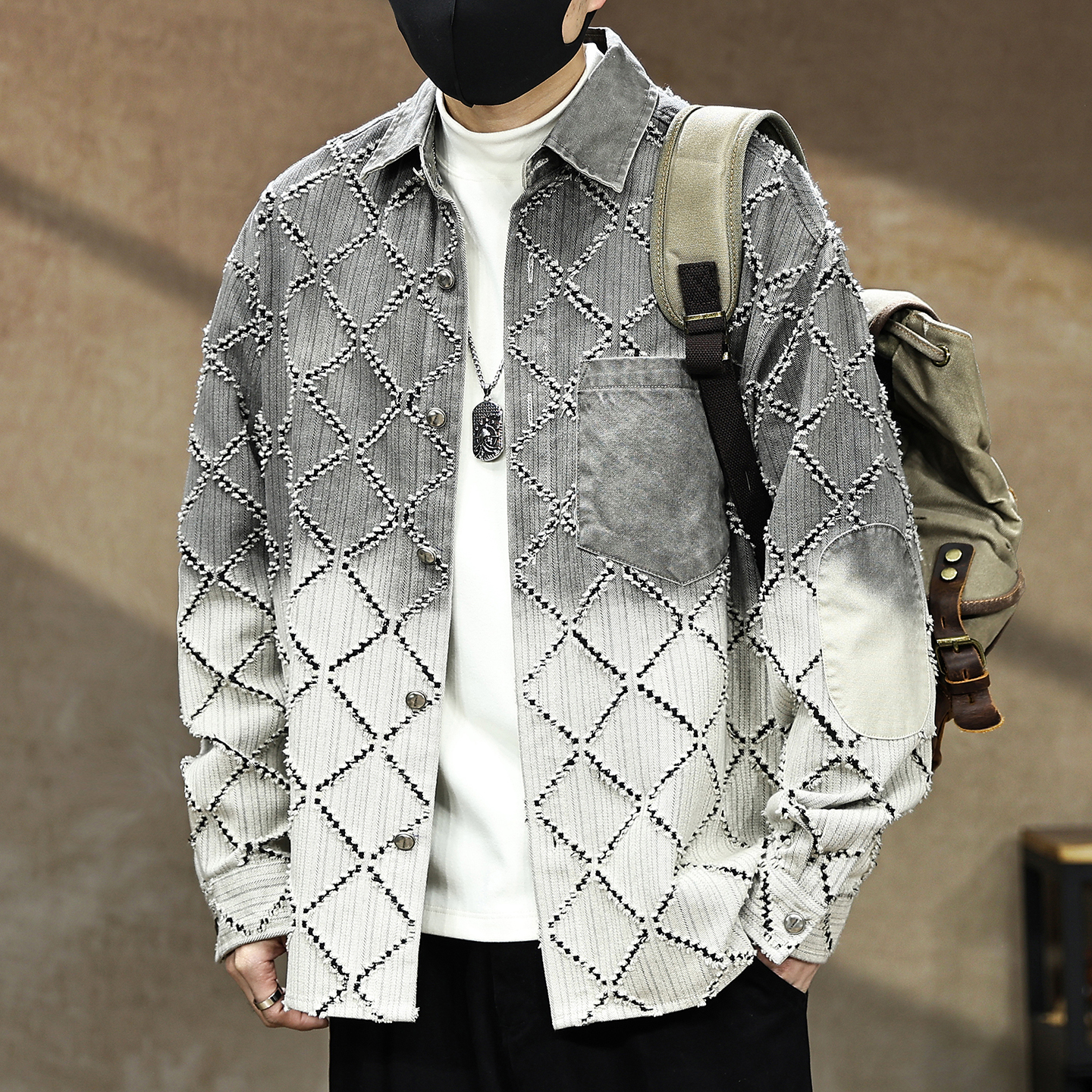 【高街毛边渐变菱形工装衬衫男】