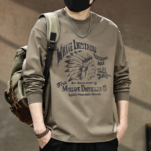 宽松重磅纯棉打底衫 美式 新款 t恤男2025秋季 潮 复古印第安印花长袖