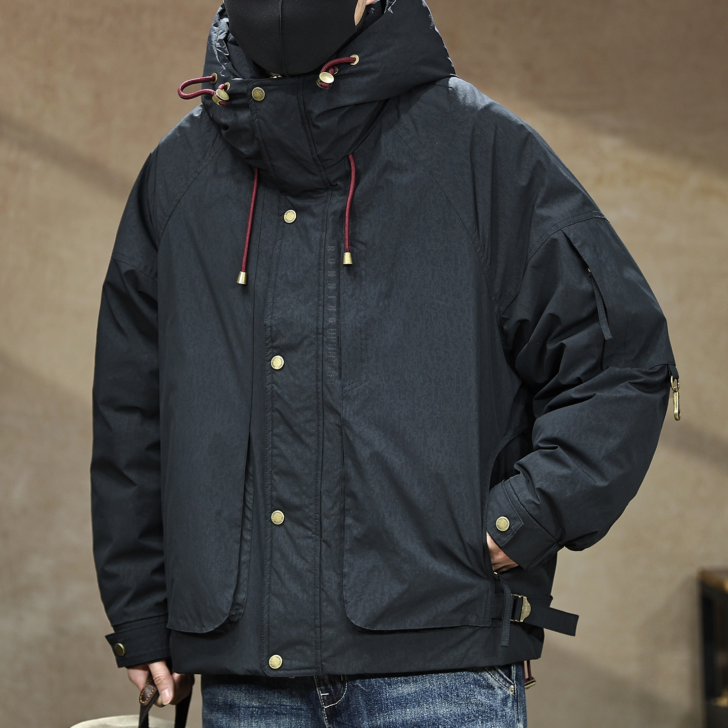 【美式白鸭绒工装连帽羽绒服男】