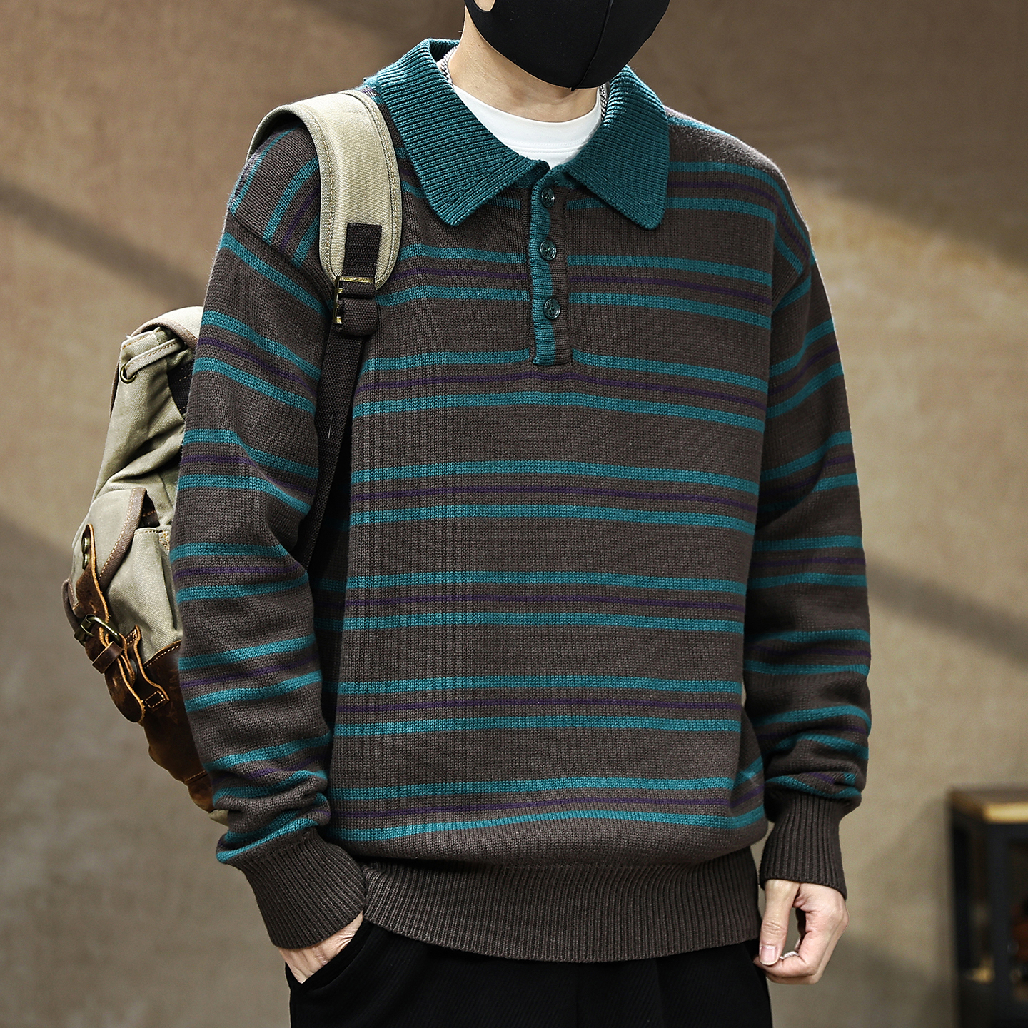【美式复古老钱风条纹毛衣男士】