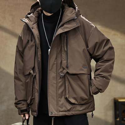 【美式多口袋连帽工装羽绒服男】