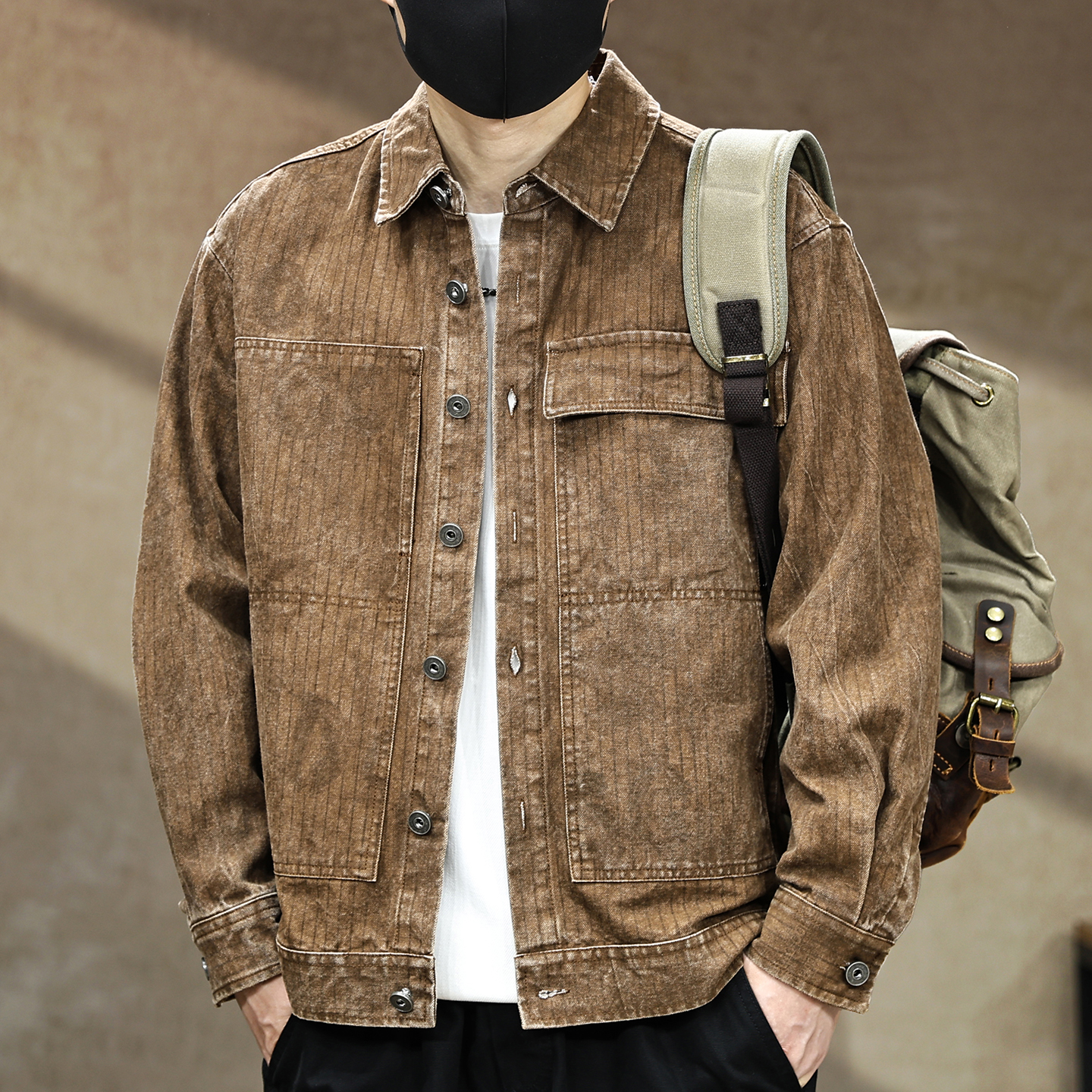 2025秋季新款美式印花条纹纯棉外套男潮牌重磅水洗休闲翻领夹克潮