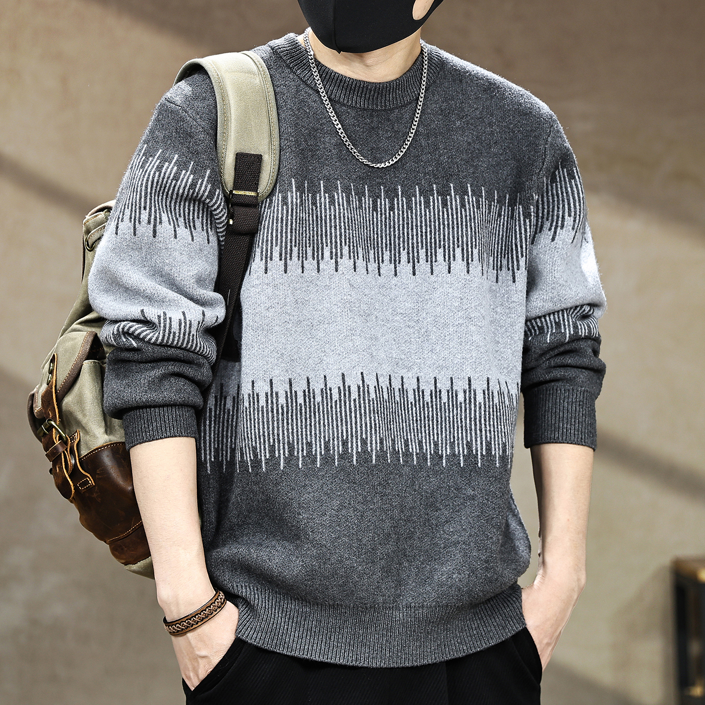 【费尔岛美式拼色针织打底衫男】