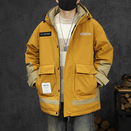 美式工装羽绒服男中长款防寒服大码冲锋加厚冬季加肥加大连帽外套
