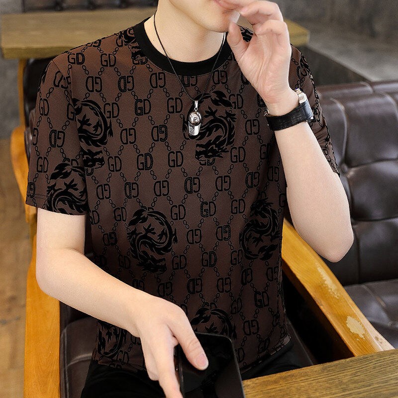 夏季高级感冰e丝提花圆领短袖T恤男款潮流修身速干透气半截袖上衣