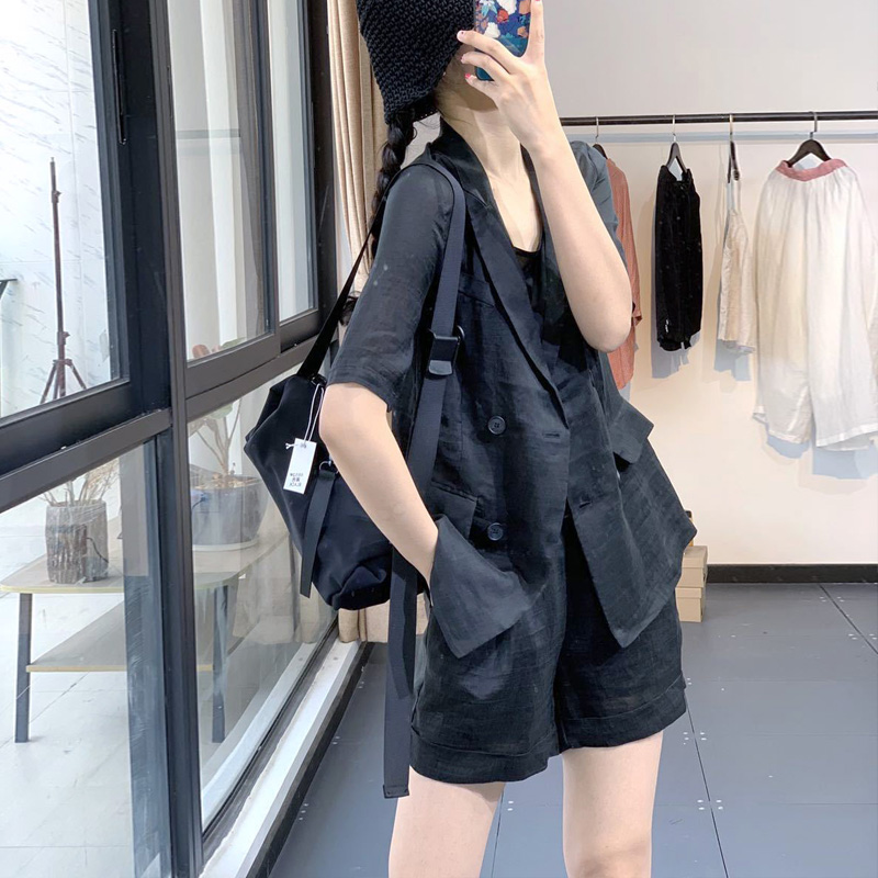 素尚夏季时尚英伦风简约翻领超轻薄苎麻J西装外套女松紧腰短裤套
